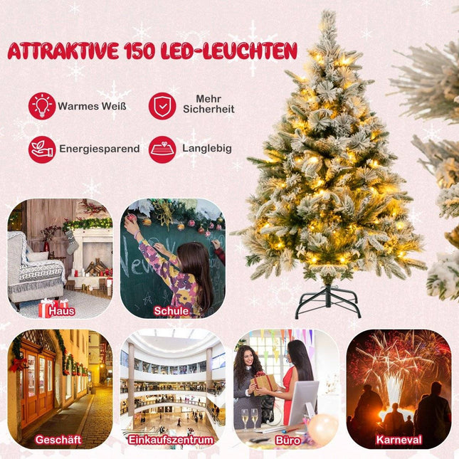 Sapin de Noël artificiel de 136 cm avec neige et 150 lumières LED blanc chaud, vert