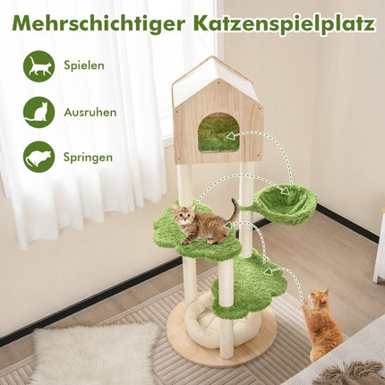 139 cm Katzenbaum mit Sisal-Kratzstämmen &amp; Sprungplattformen &amp; Liegeplatz &amp; Hängematte
