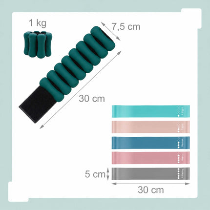 Ensemble de Pilates vert 13 pièces avec anneau, ballon, élastiques et poids