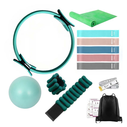 Ensemble de Pilates vert 13 pièces avec anneau, ballon, élastiques et poids
