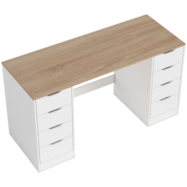 Bureau d'ordinateur 140 cm, 8 tiroirs, acier et bois, blanc