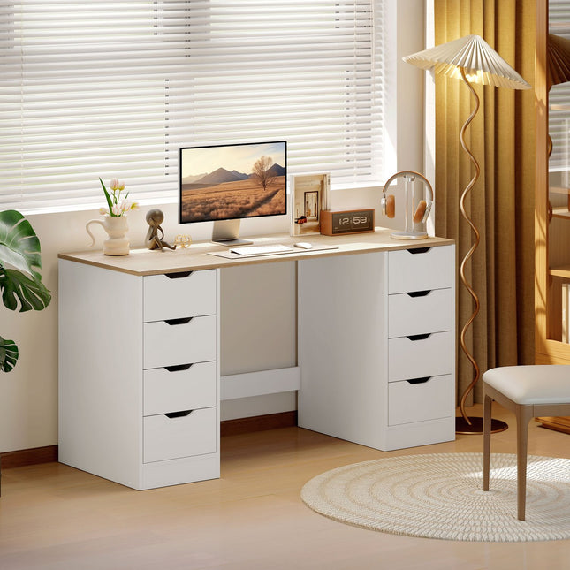 Bureau d'ordinateur 140 cm, 8 tiroirs, acier et bois, blanc
