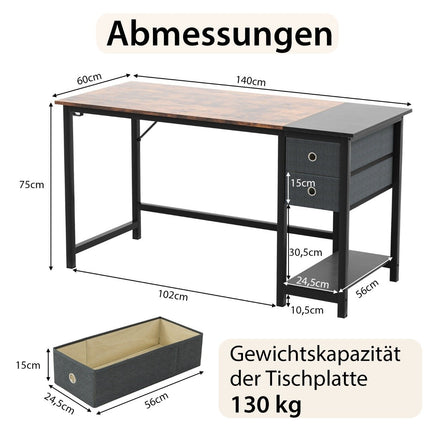 140 cm langer Schreibtisch mit 2 Schubladen &amp; Kopfhörerhaken &amp; Ablagefach Computertisch