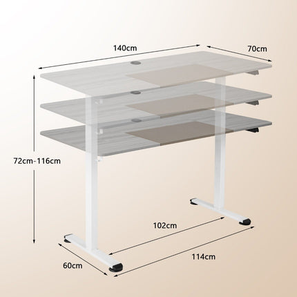 Bureau 140 x 70 cm réglable en hauteur électrique avec mécanisme d'arrêt et crochet gris