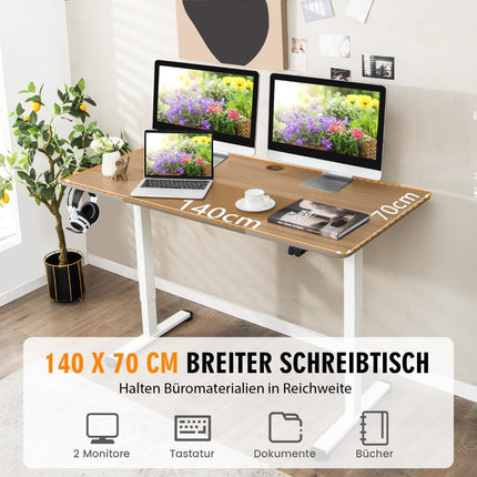 Bureau 140 x 70 cm réglable en hauteur électrique avec mécanisme d'arrêt et crochet gris