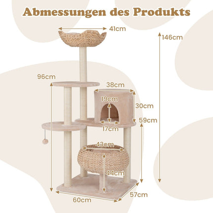 Arbre à chat avec niche à chat, perchoir et quenouilles, arbre à chat de 146 cm