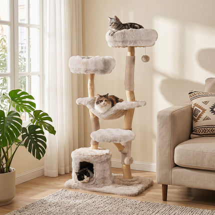 147 cm hoher Katzenkratzbaum mit Sisalstämmen und Plüschhängematte