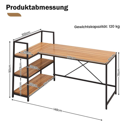 148 cm langer L-förmiger Computertisch mit offenen Regalen, platzsparender Schreibtisch für einen modernen Arbeitsplatz, Walnuss