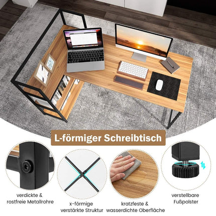 148 cm langer L-förmiger Computertisch mit offenen Regalen, platzsparender Schreibtisch für einen modernen Arbeitsplatz, Walnuss