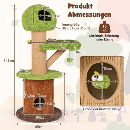 Arbre à chat champignon de 148 cm avec 2 jolies grottes et tour d'escalade en peluche pour chat