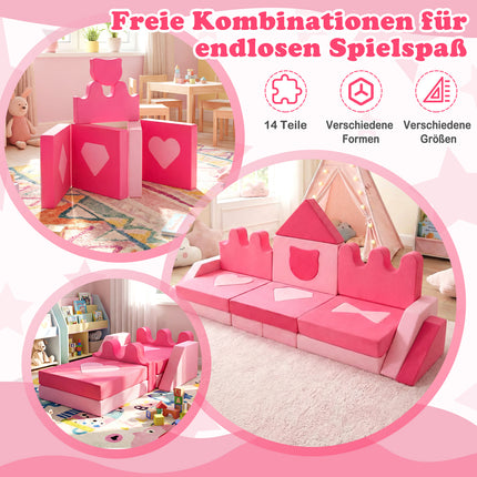 Canapé de jeu modulaire pour enfants, 14 pièces, ensemble en mousse souple, rose