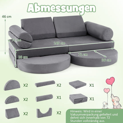 14-teiliges Modul-Kindersofa, Schaumstoff-Spielsofa, Bausteinsofa zum Klettern und Krabbeln, Grau