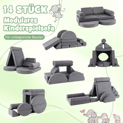 14-teiliges Modul-Kindersofa, Schaumstoff-Spielsofa, Bausteinsofa zum Klettern und Krabbeln, Grau