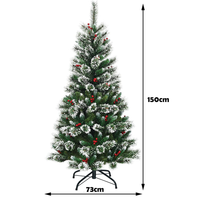 Sapin de Noël artificiel de 150 cm avec neige et baies rouges