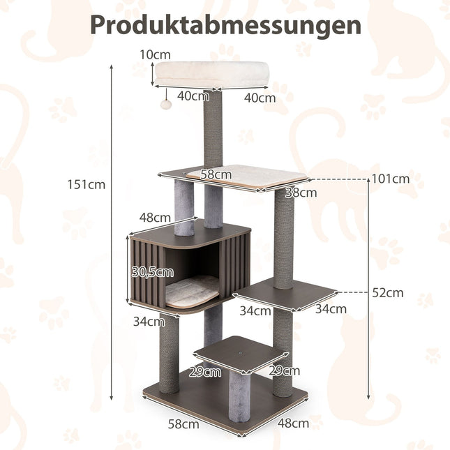 Arbre à chat de 151 cm avec niche, griffoirs et jouets