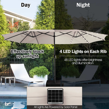 Parasol de terrasse double face de 4,5 m, 48 LED solaires, beige