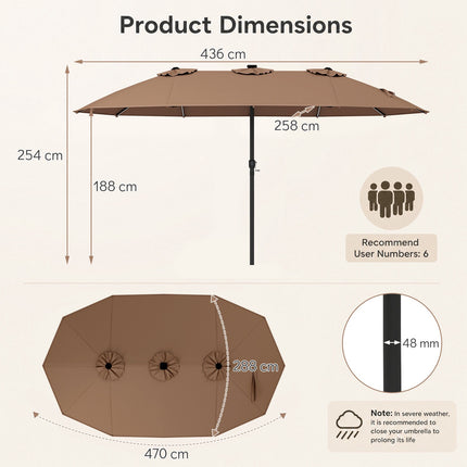 Parasol de terrasse double face de 4,5 m, éclairage solaire LED, marron
