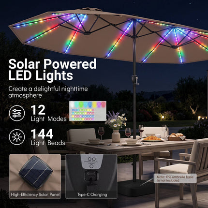 Parasol de terrasse double face de 4,5 m, éclairage solaire LED, marron