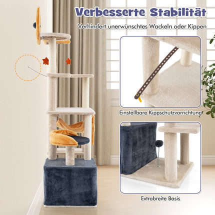 Arbre à chat de 160 cm avec poteaux en sisal et niche à plusieurs niveaux