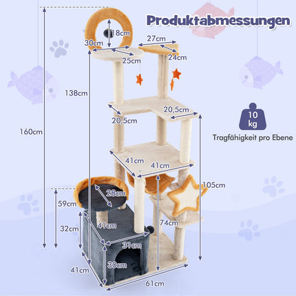 Arbre à chat de 160 cm avec poteaux en sisal et niche à plusieurs niveaux