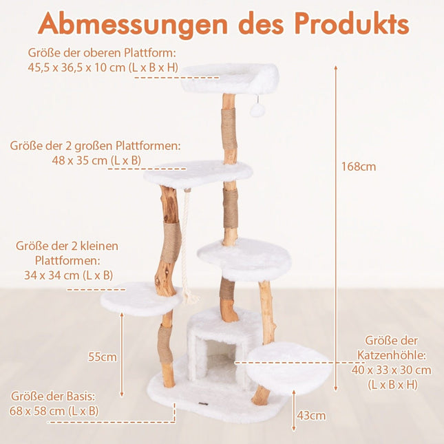 Arbre à chat de 168 cm avec plateformes, grotte et poteaux en sisal