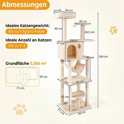 Arbre à chat multi-niveaux de 168 cm avec hamac et niche.