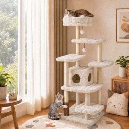 Arbre à chat beige de 170 cm avec griffoir et grotte