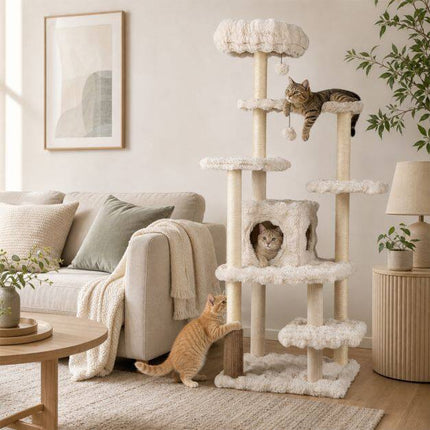 Arbre à chat beige de 170 cm avec griffoir et grotte