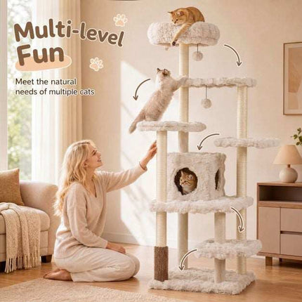 Arbre à chat beige de 170 cm avec griffoir et grotte