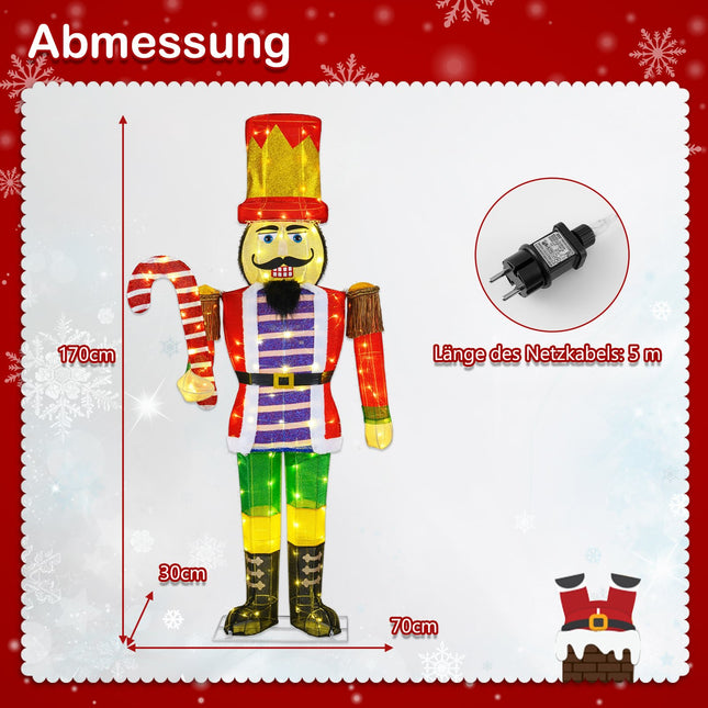 Casse-noisette de Noël de 170 cm avec canne de Noël - Lumières LED