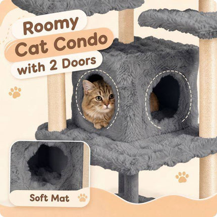 Arbre à chat gris de 170 cm avec poteaux en sisal et grotte