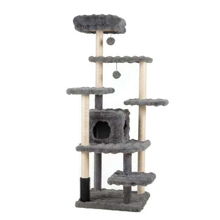 Arbre à chat gris de 170 cm avec poteaux en sisal et grotte