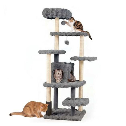 Arbre à chat gris de 170 cm avec poteaux en sisal et grotte