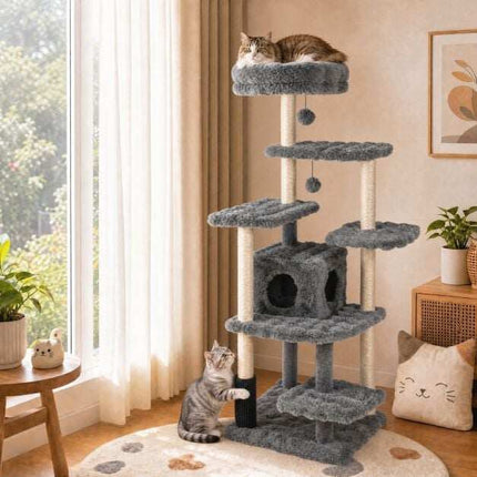 Arbre à chat gris de 170 cm avec poteaux en sisal et grotte