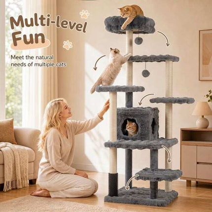 Arbre à chat gris de 170 cm avec poteaux en sisal et grotte