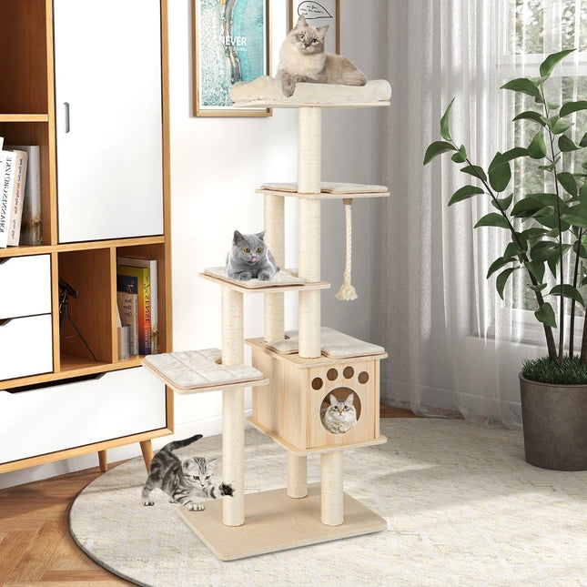 170 cm Kratzbaum aus Holz, 6 Ebenen, Sisalseil, Beige