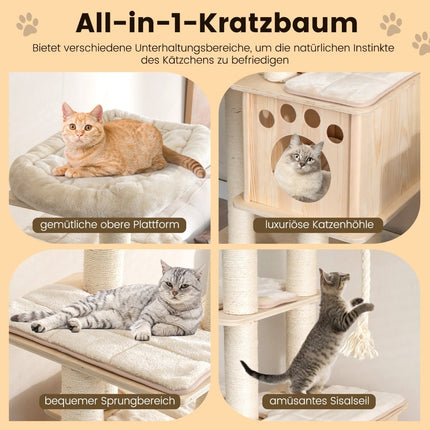 Arbre à chat en bois de 170 cm, 6 niveaux, corde en sisal, beige