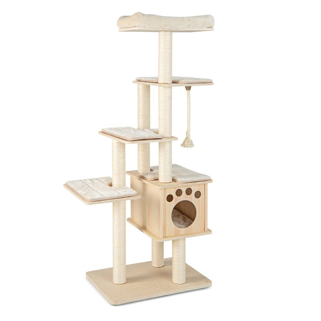 170 cm Kratzbaum aus Holz, 6 Ebenen, Sisalseil, Beige