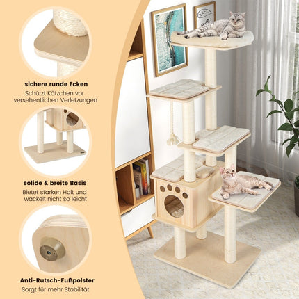 Arbre à chat en bois de 170 cm, 6 niveaux, corde en sisal, beige