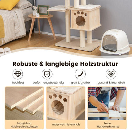 Arbre à chat en bois de 170 cm, 6 niveaux, corde en sisal, beige
