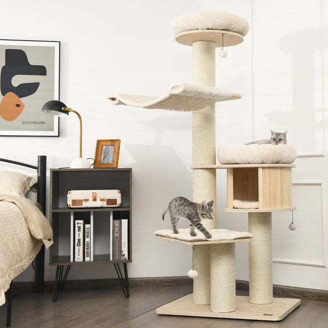 Arbre à chat de 174 cm en bois massif Tour à chat à 4 étages naturel