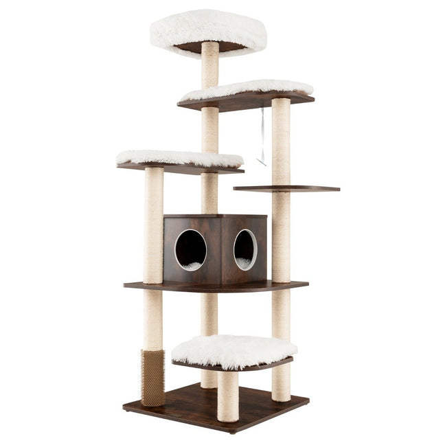 Arbre à chat de 175 cm, arbre à chat à 6 niveaux, poteau à chat en bois, maison de jeux avec grotte et 5 tapis, activité d'escalade, maison pour chat