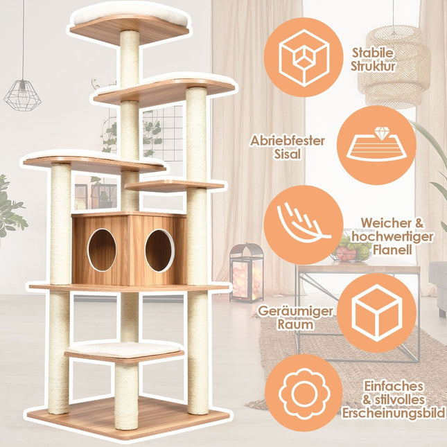 Arbre à chat de 175cm, poteau à chat à 6 niveaux, maison de jeu en bois avec grotte et 5 tapis
