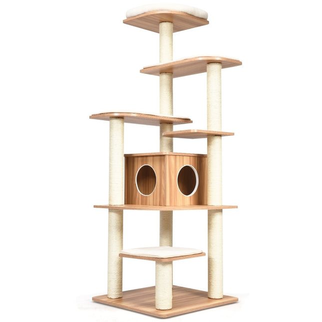 Arbre à chat de 175cm, poteau à chat à 6 niveaux, maison de jeu en bois avec grotte et 5 tapis