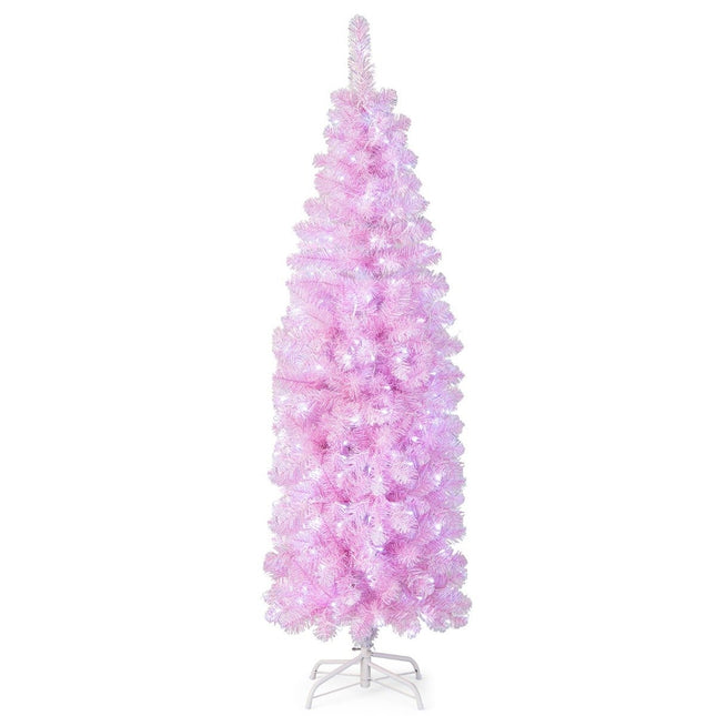 Sapin de Noël artificiel en forme de crayon de 180 cm avec 250 LED blanc froid, sapin de Noël fin rose