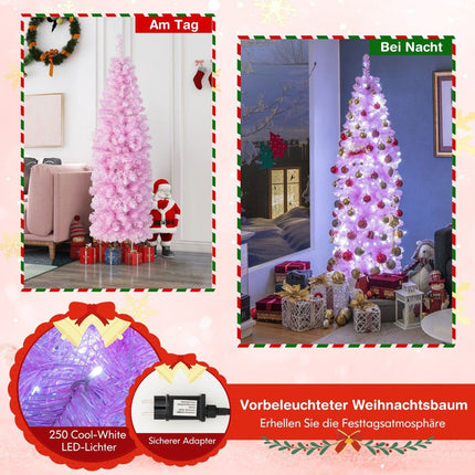 180 cm Künstlicher Bleistift-Weihnachtsbaum mit 250 kaltweißen LEDs Schmaler Weihnachtsbaum Rosa