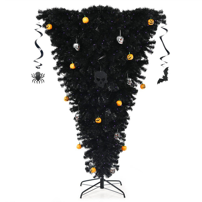 Arbre de Noël artificiel noir de 180 cm, arbre d'Halloween éclairé avec 270 lumières LED violettes