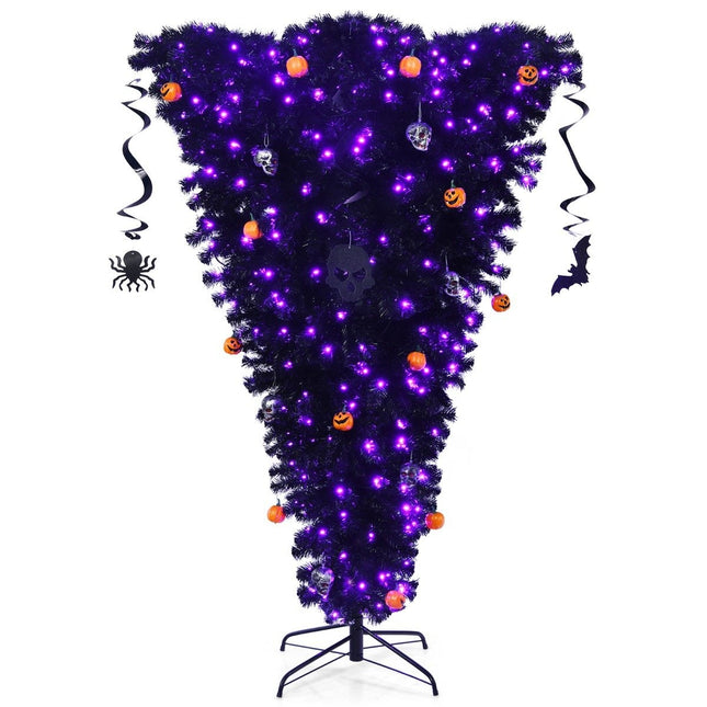 Arbre de Noël artificiel noir de 180 cm, arbre d'Halloween éclairé avec 270 lumières LED violettes
