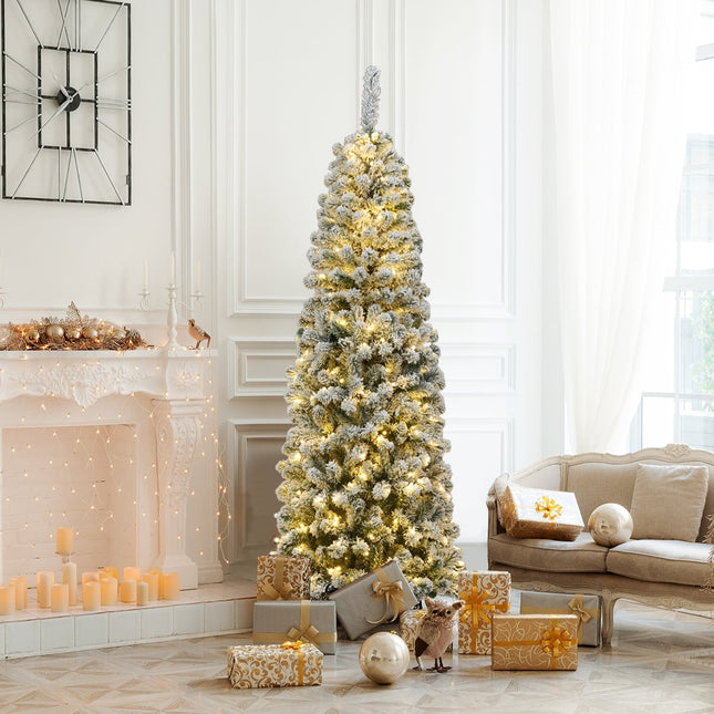 Sapin de Noël crayon de 180 cm avec neige et lumières LED