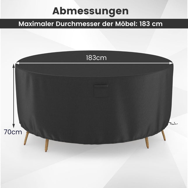 Ø 183 cm Housse pour salon de terrasse ronde avec fentes d'aération & boucles & cordons noir
